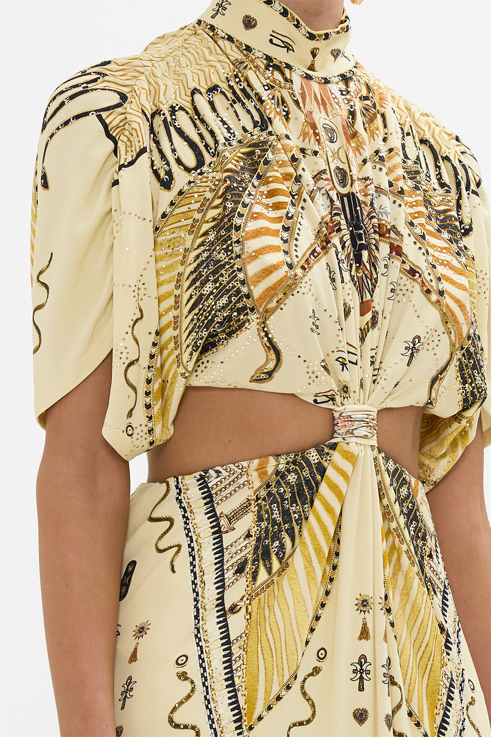 CAMILLA Gold High Neck Twist Cut-Out Jersey Dress in Gateway to the Afterlife Print