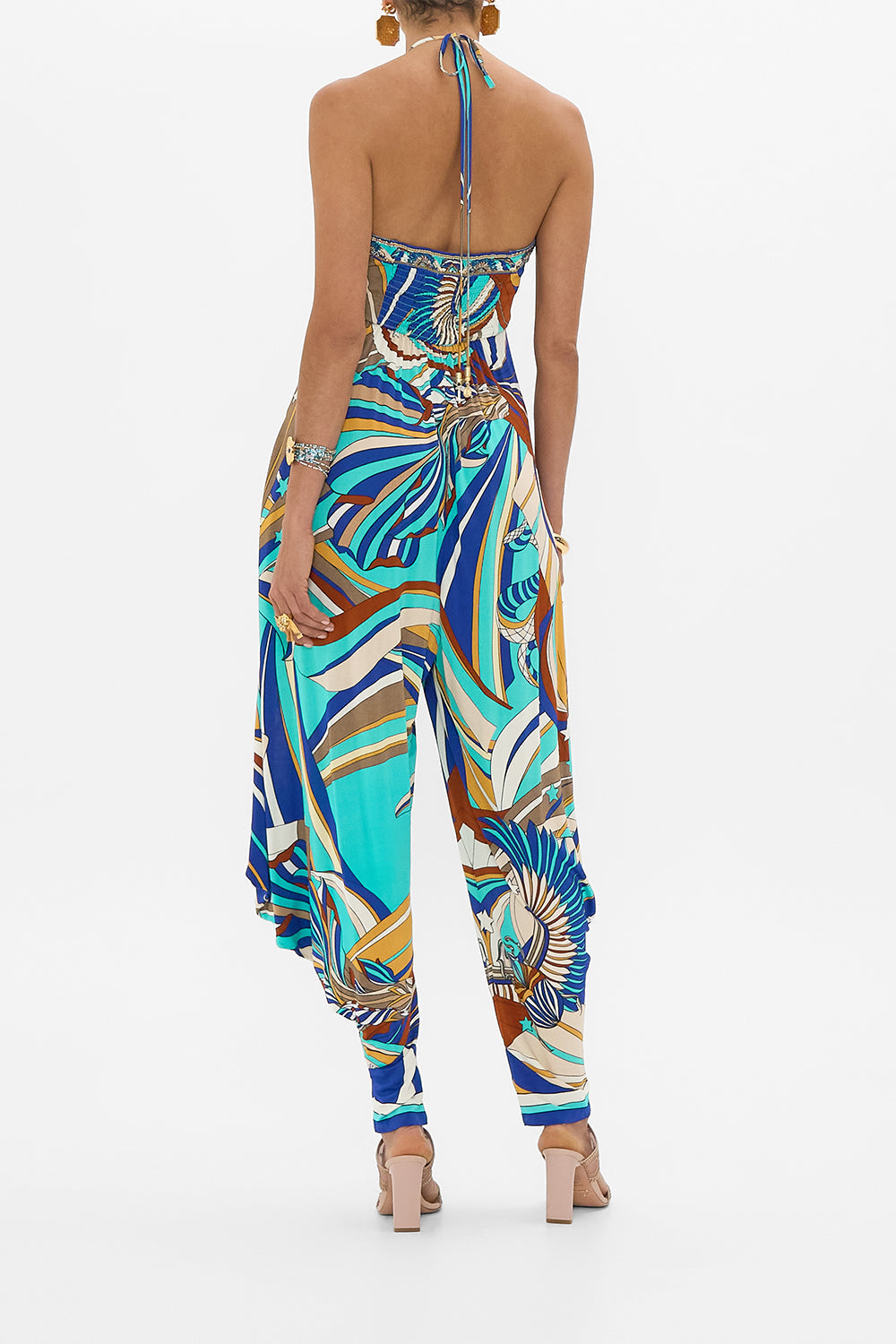CAMILLA Jersey Draped Pant Jumpsuit in Oasis Oracle print. 
