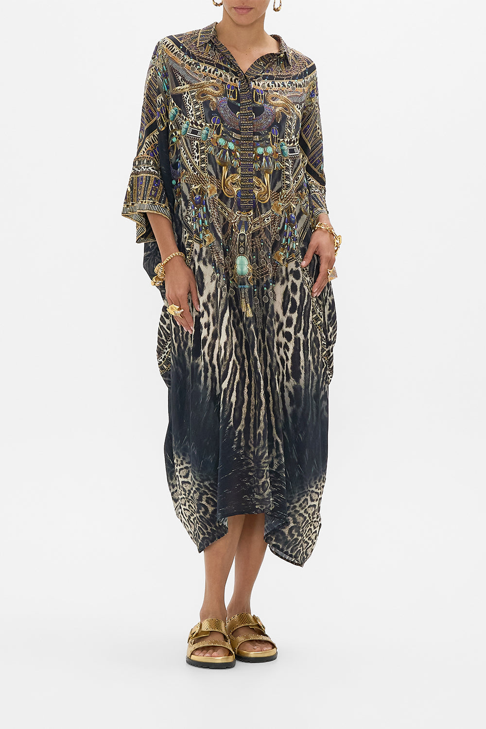 CAMILLA Batwing Kaftan in Cat Worship print. 
