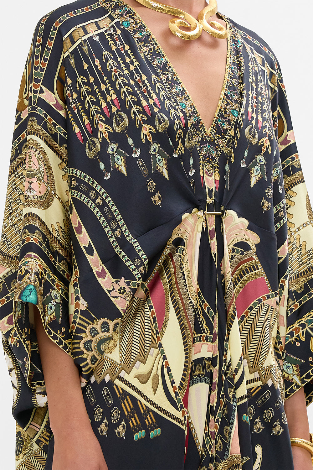 CAMILLA Black/Gold Pierced V-Neck Kaftan in They Called Her Nefertari print