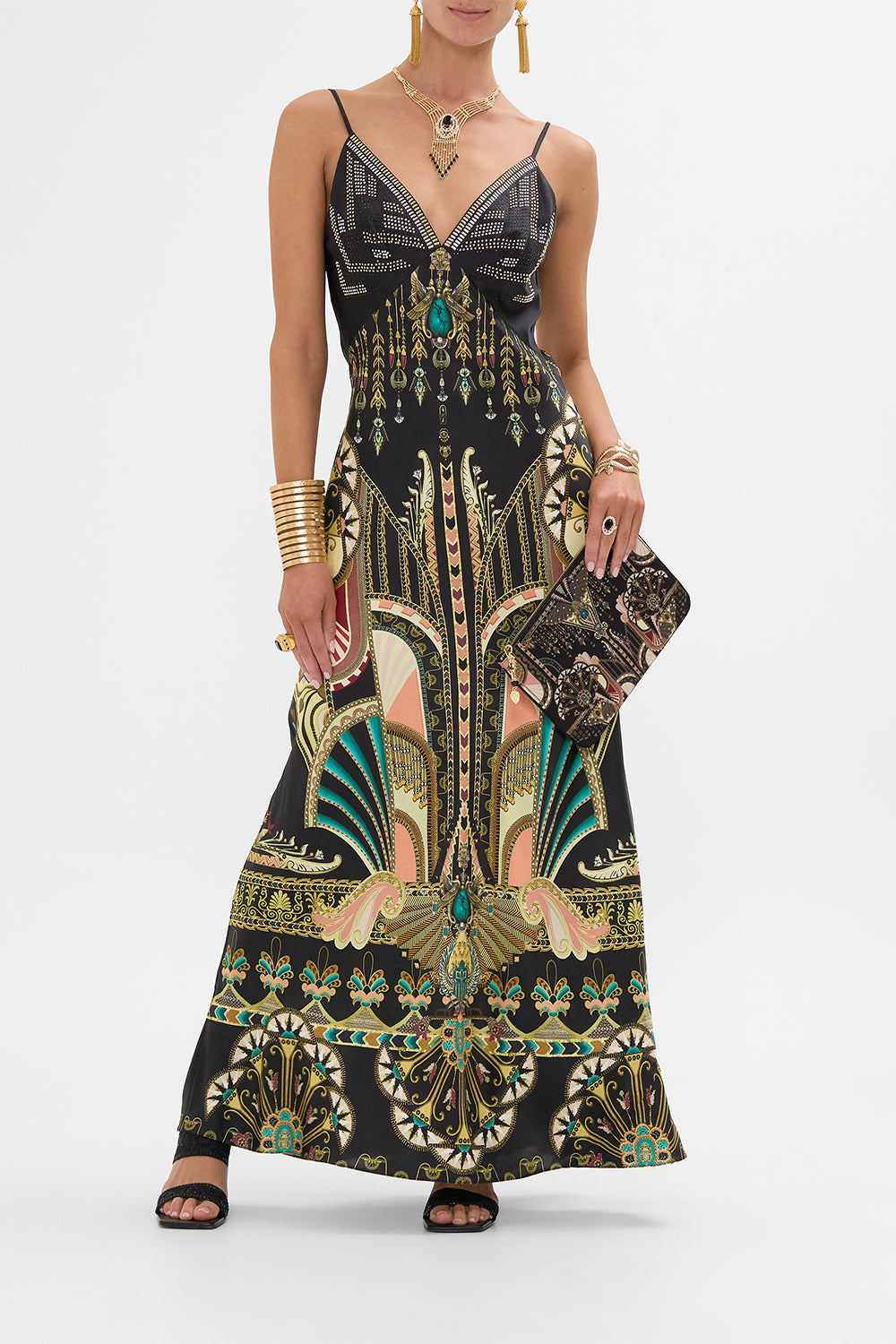CAMILLA V-Neck Black/Gold Full Length Bias Slip Dress in They Called Her Nefertari print