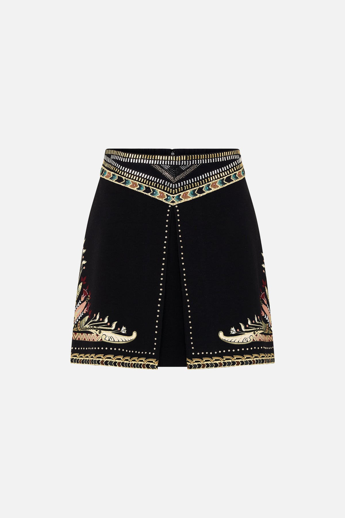 CAMILLA Metal Studded Shaped Waistband Mini Skirt in They Called Her Nefertari print