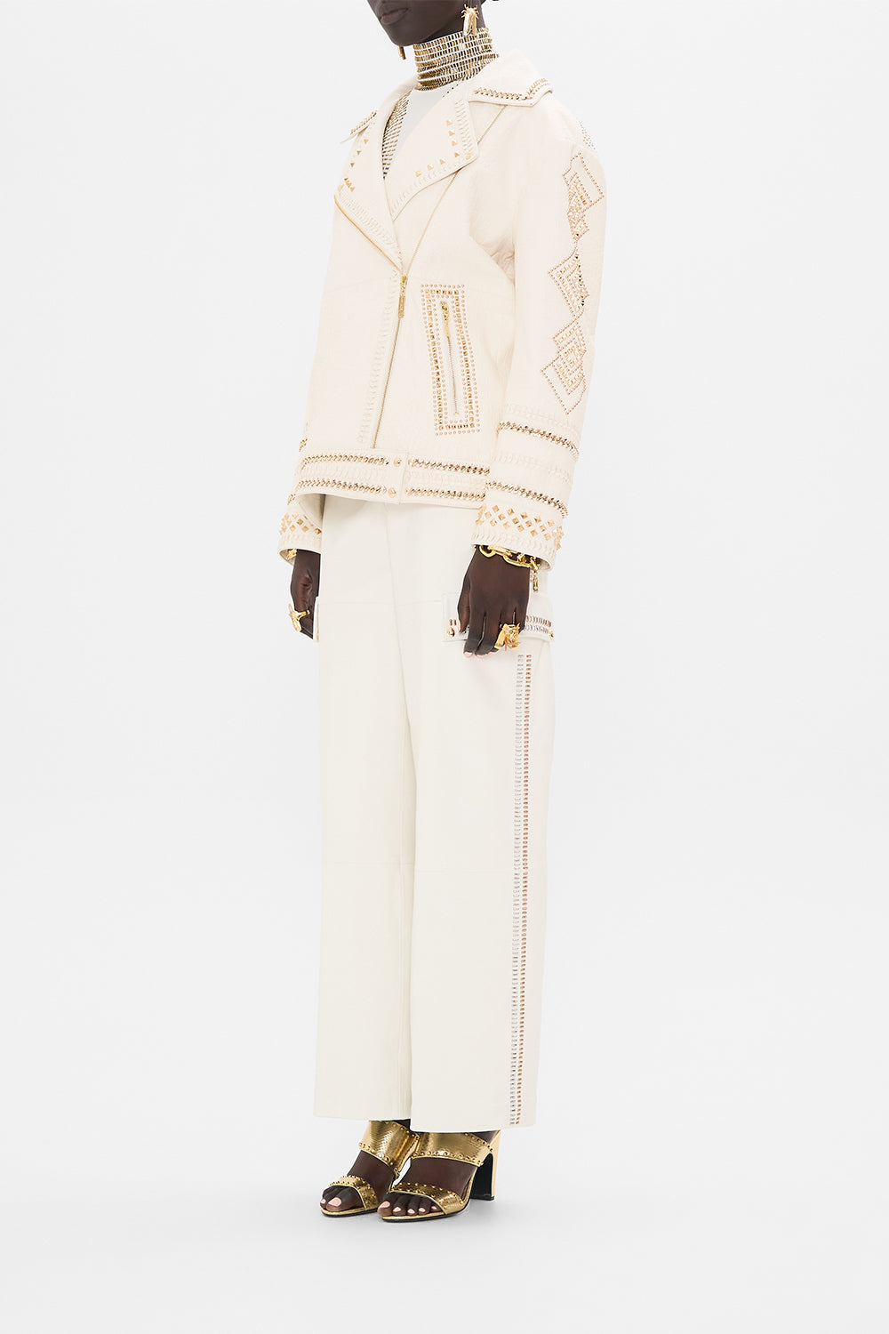 The CAMILLA OVERSIZED LEATHER BIKER JACKET VALLEY OF THE QUEENS in our  print.