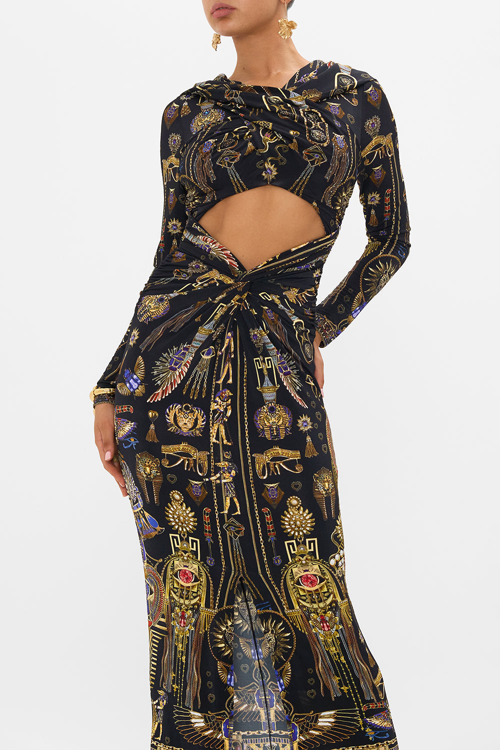 CAMILLA Twist Front Jersey Hooded Dress in Cartouche Kingdom print. 