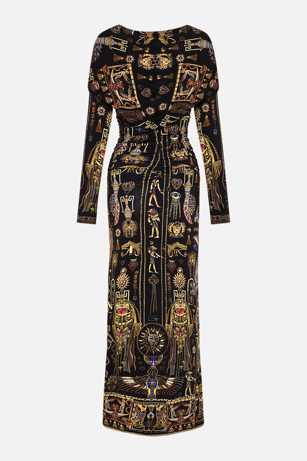 CAMILLA Twist Front Jersey Hooded Dress in Cartouche Kingdom print. 