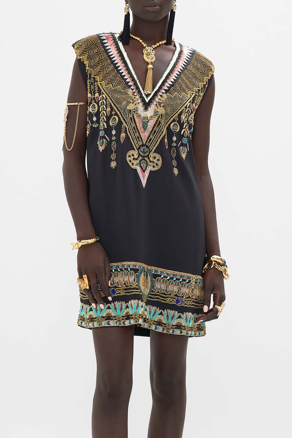 CAMILLA Black/Gold Hand Embellished Shift Dress in They Called Her Nefertari print