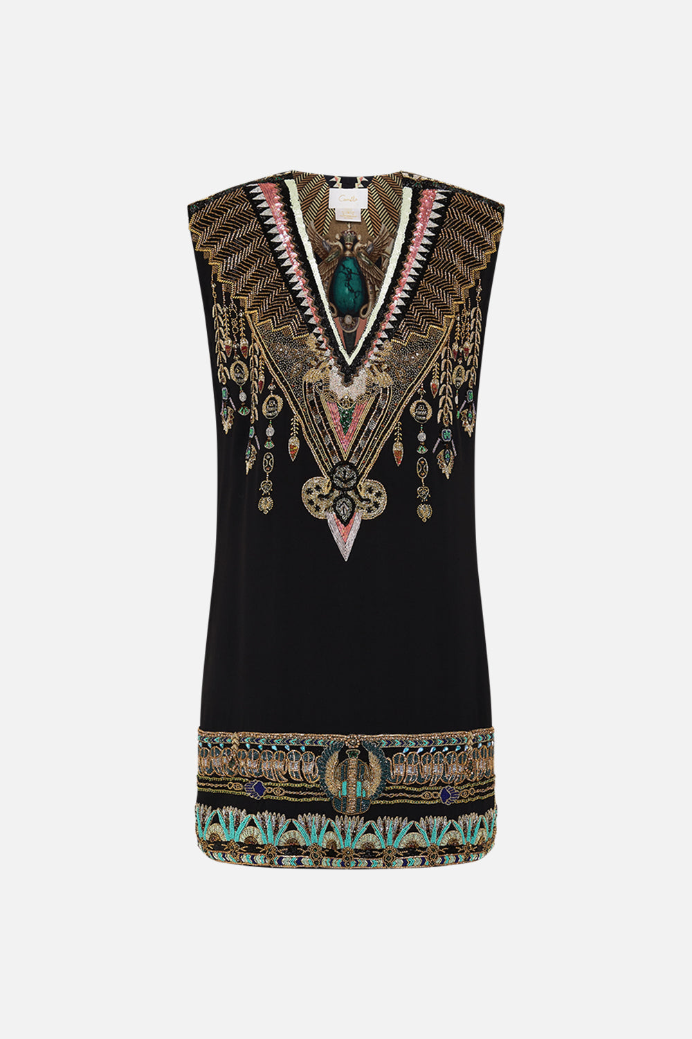 CAMILLA Black/Gold Hand Embellished Shift Dress in They Called Her Nefertari print