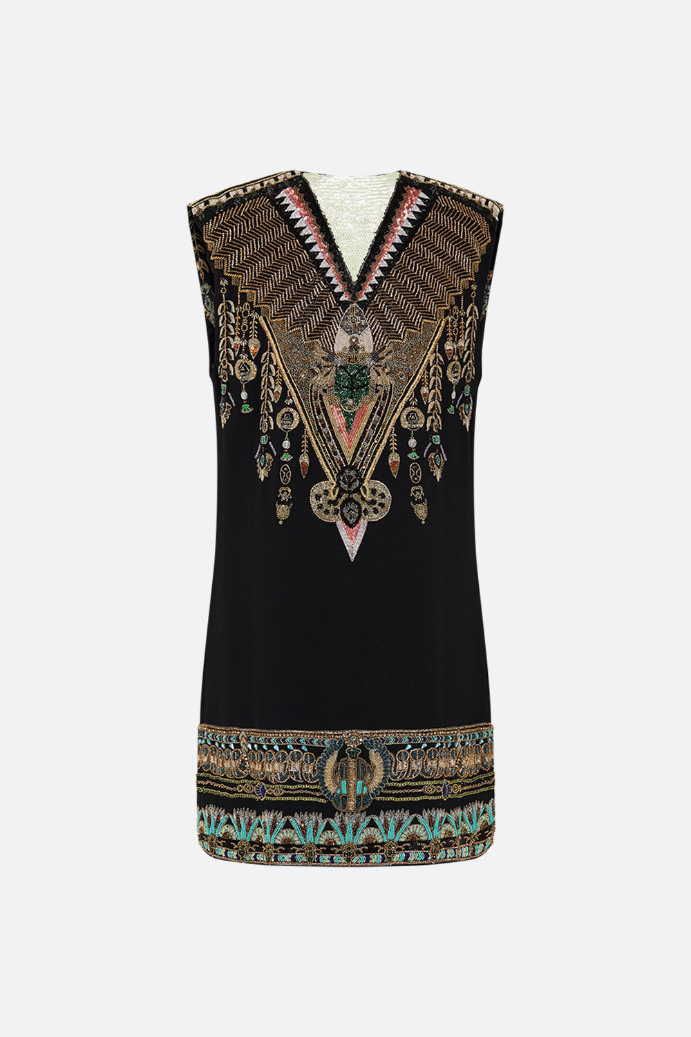 CAMILLA Black/Gold Hand Embellished Shift Dress in They Called Her Nefertari print
