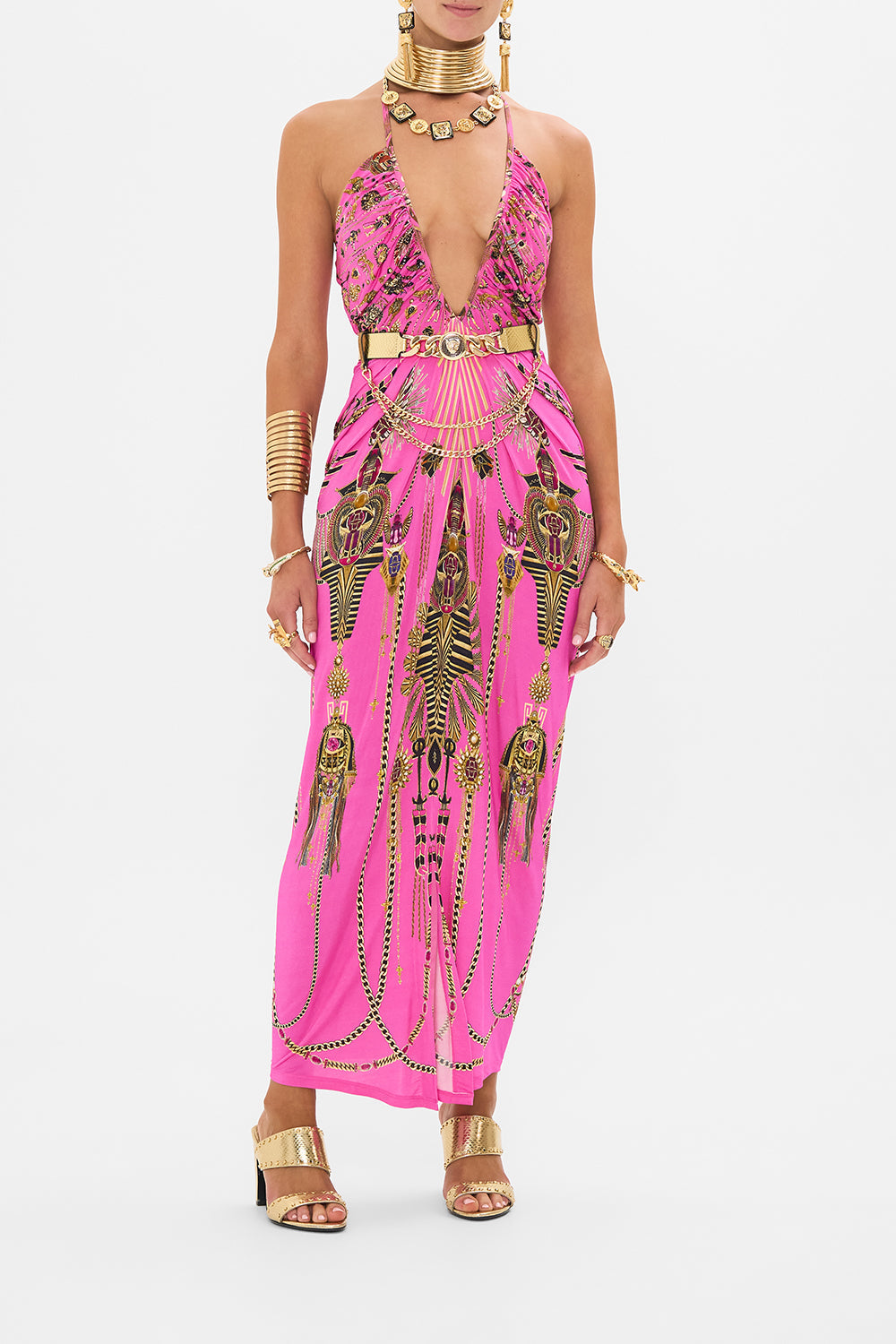 CAMILLA V Neck Gathered Jersey Dress in Song of The Scarab Print. 