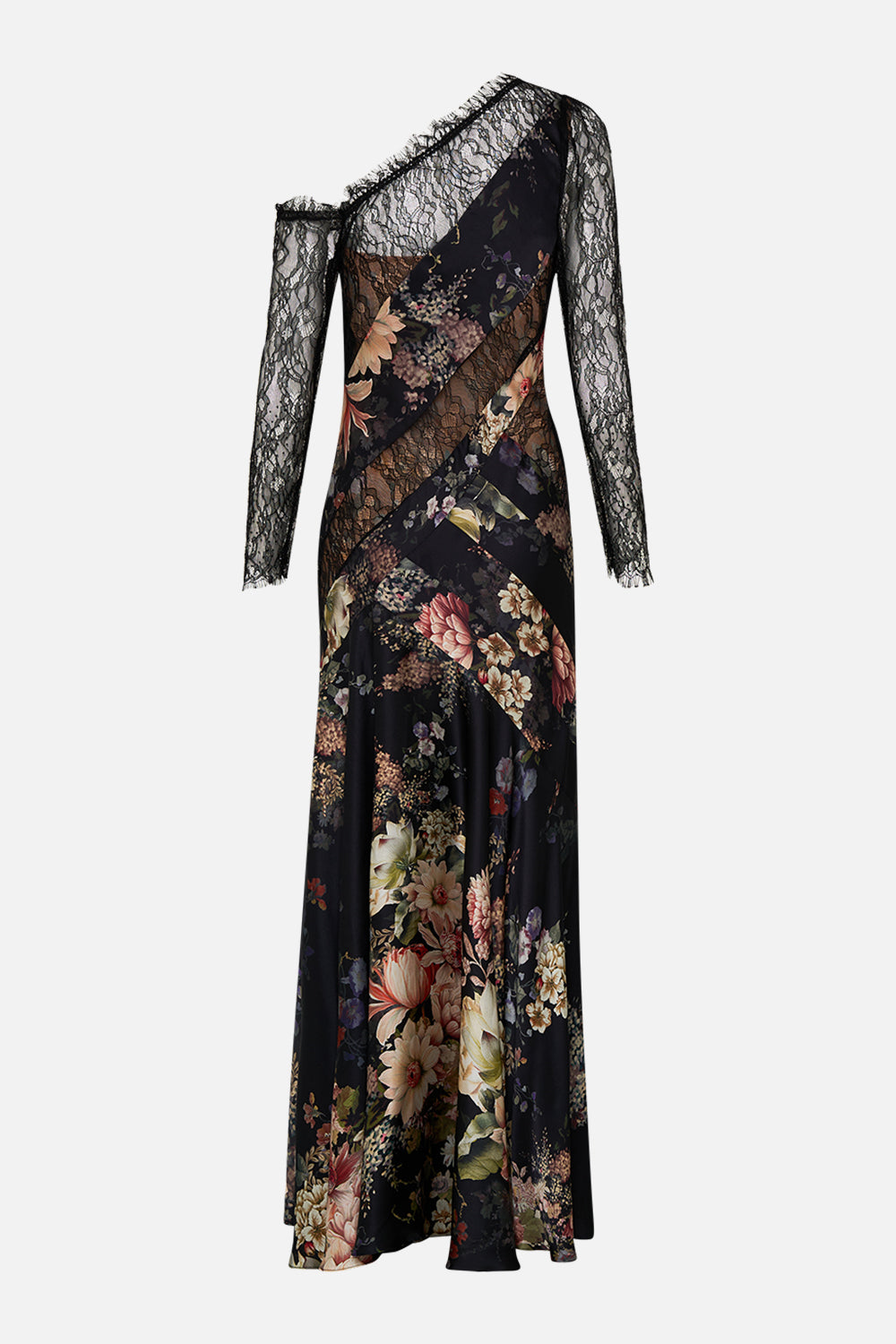 CAMILLA lace splice one shoulder dress in Dynasty Daze print. 