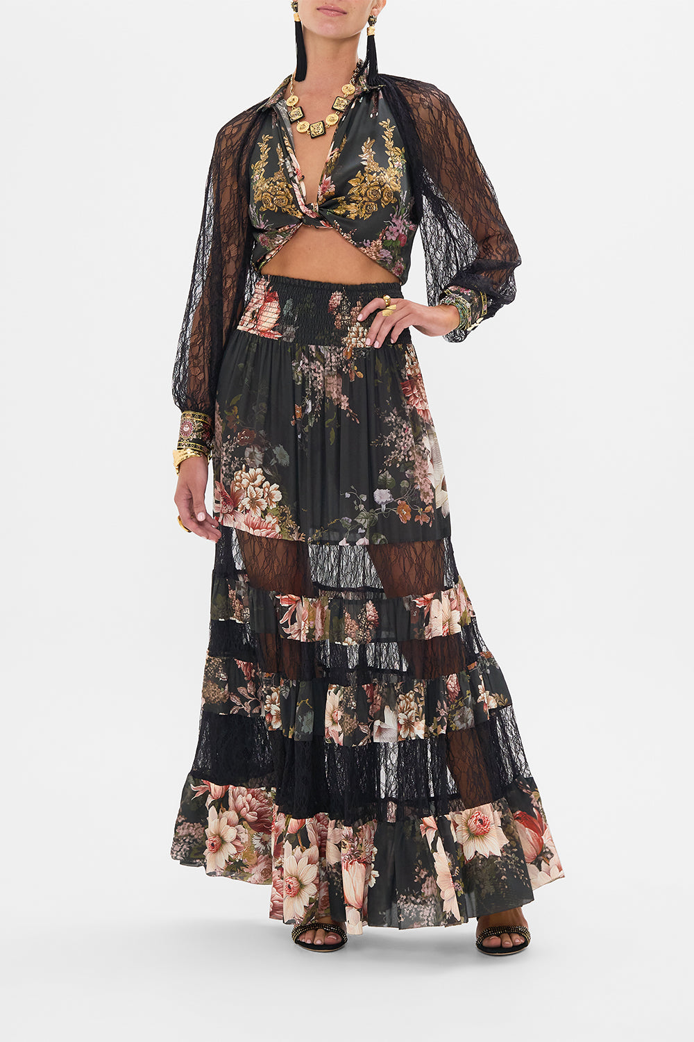 CAMILLA raglan button up shirt with lace at sleeve in Dynasty Daze print. 