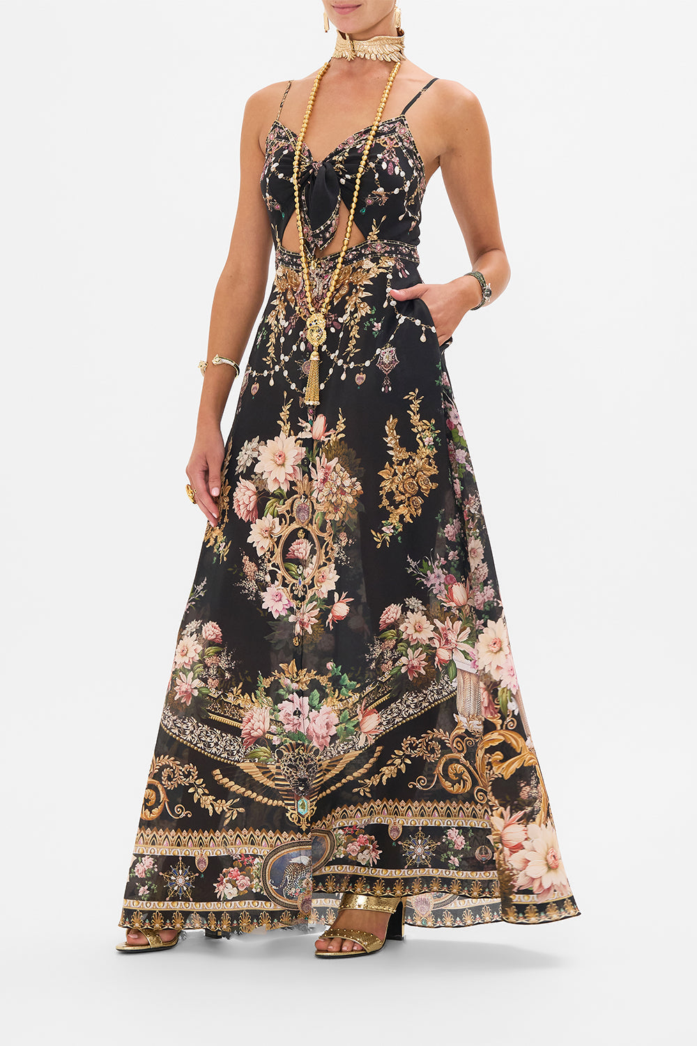 CAMILLA tie front cut out maxi dress in Dynasty Daze print. 