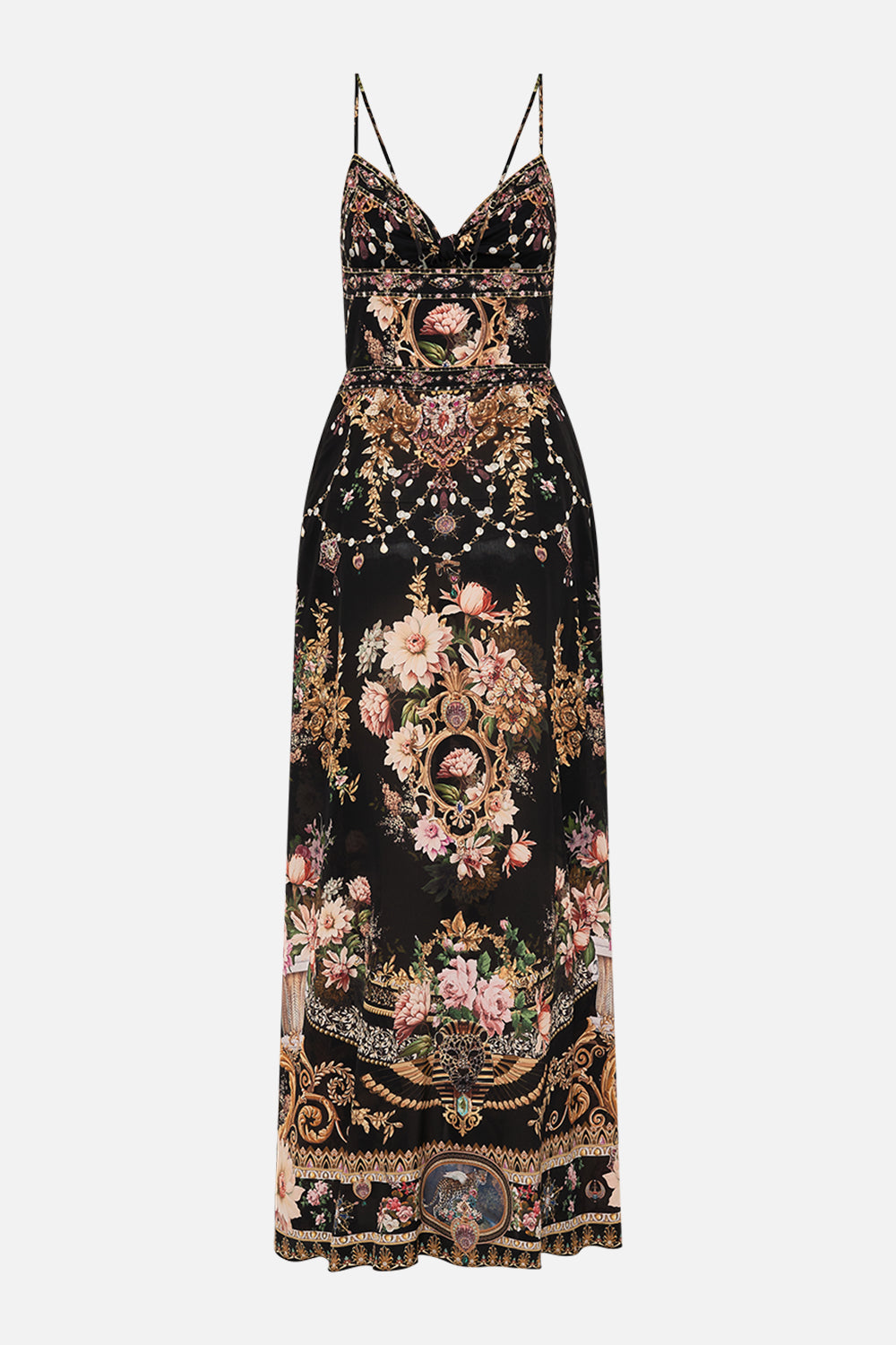 CAMILLA tie front cut out maxi dress in Dynasty Daze print. 