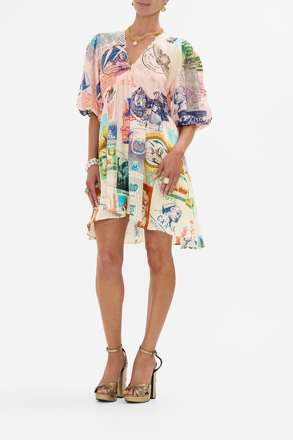 CAMLLA v neck puff sleeve short dress in Haute Passport print. 