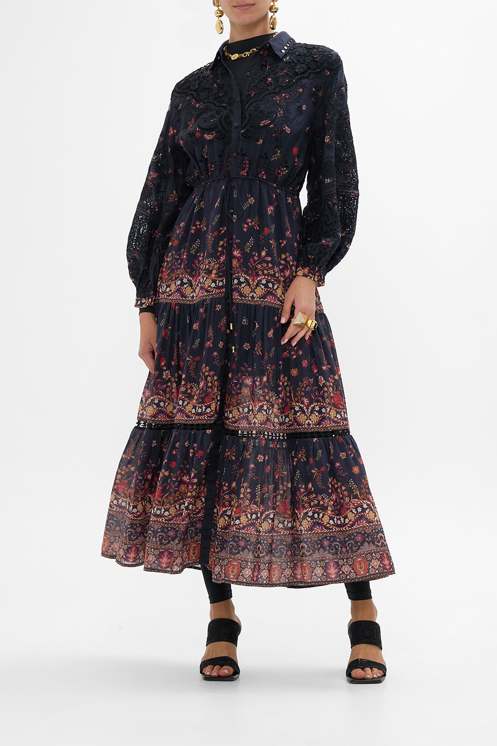 CAMILLA Embroidered Tiered Long Shirt Dress Loom to Tomb print