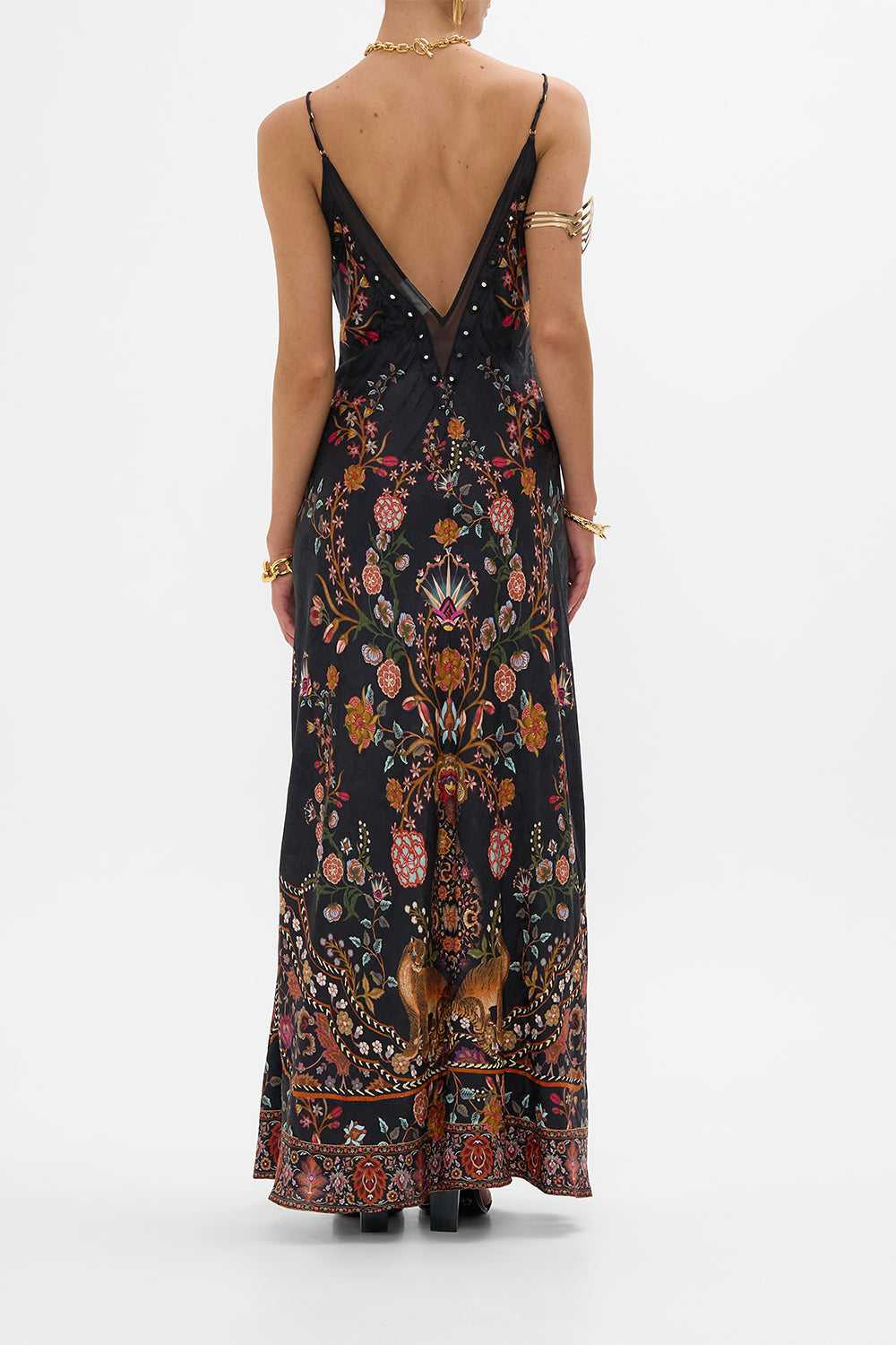 CAMILLA Floral Jacquard Full Length Bias Slip Dress in Loom to Tomb print