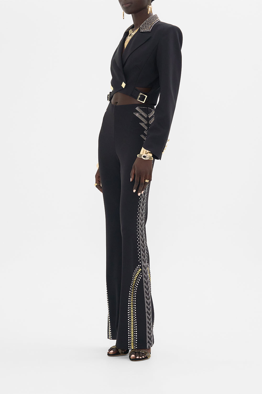 CAMILLA Black/Gold Jersey Flare Pant in They Called Her Nefertari print