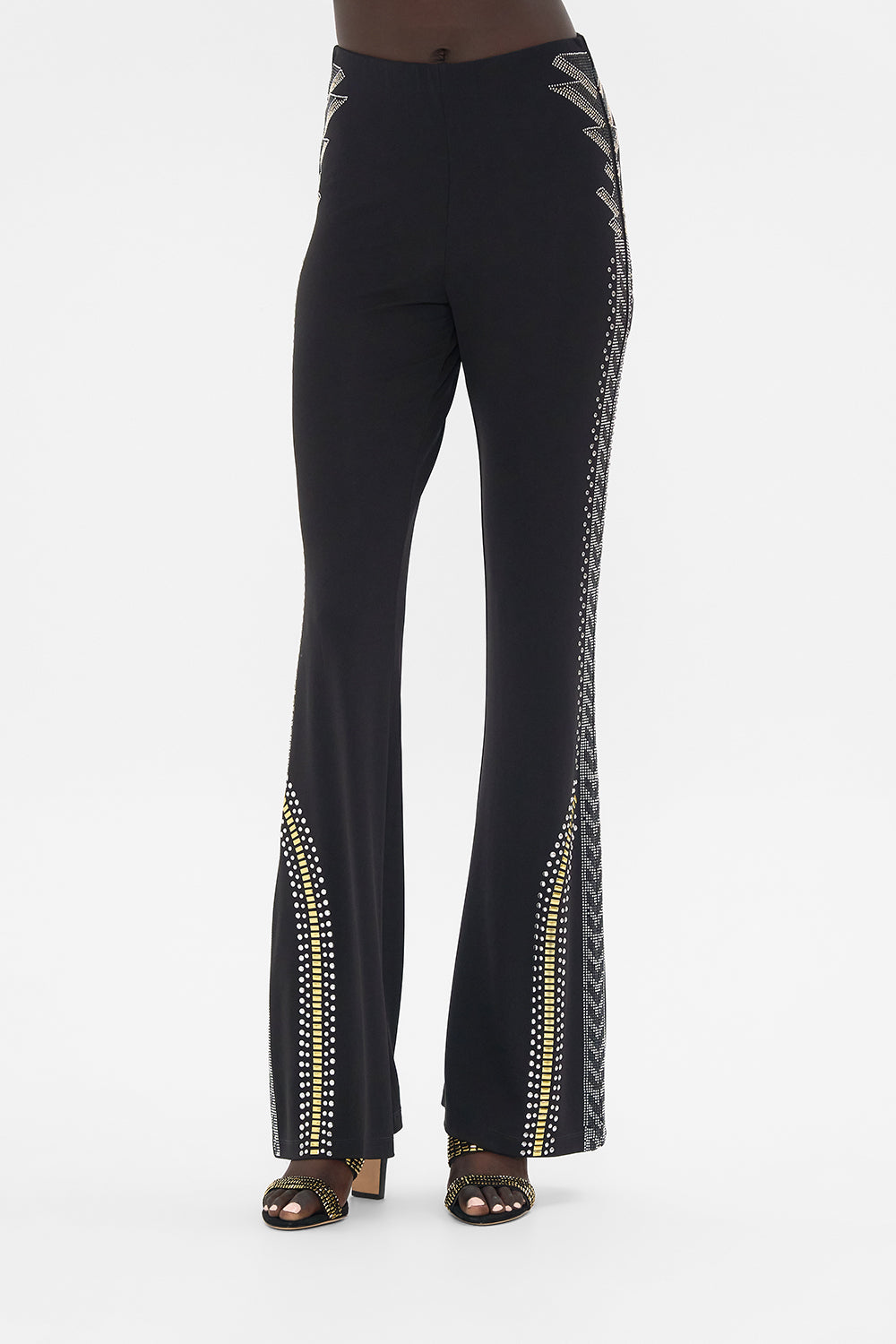 CAMILLA Black/Gold Jersey Flare Pant in They Called Her Nefertari print