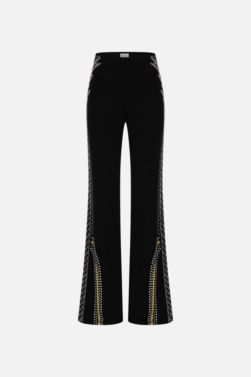 CAMILLA Black/Gold Jersey Flare Pant in They Called Her Nefertari print