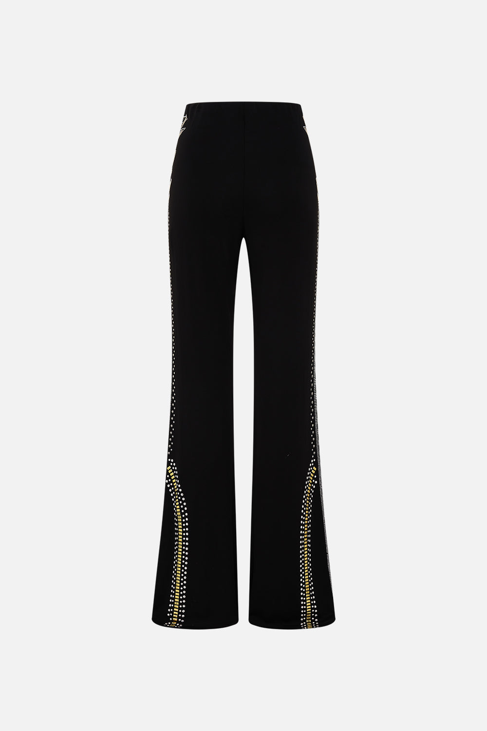 CAMILLA Black/Gold Jersey Flare Pant in They Called Her Nefertari print