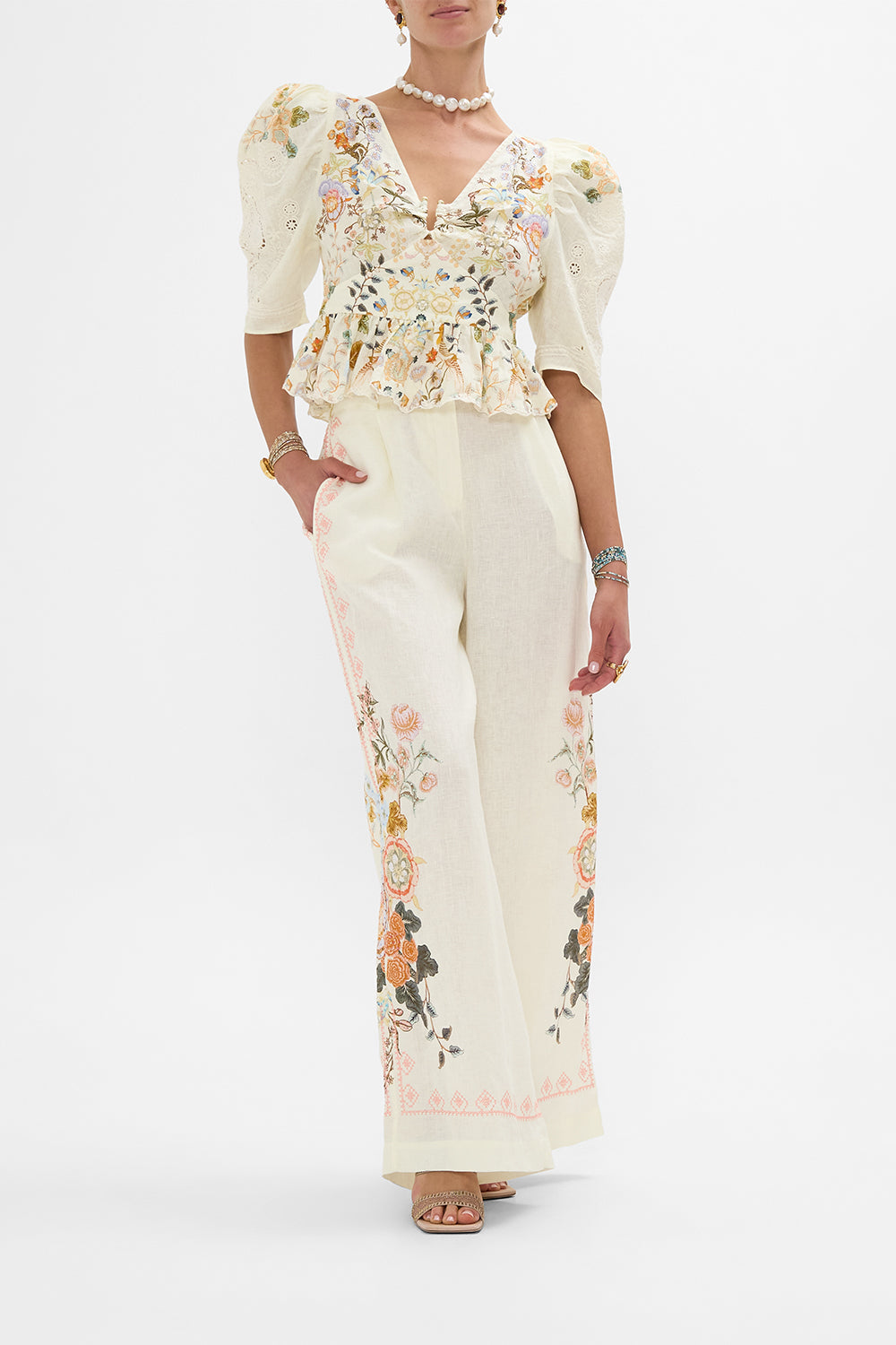 CAMILLA Embroidered Wide Leg Waisted Pant in Honour of Heirlooms print