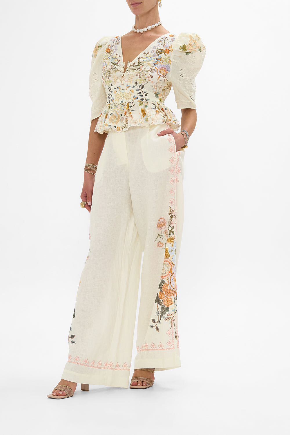 CAMILLA Embroidered Wide Leg Waisted Pant in Honour of Heirlooms print