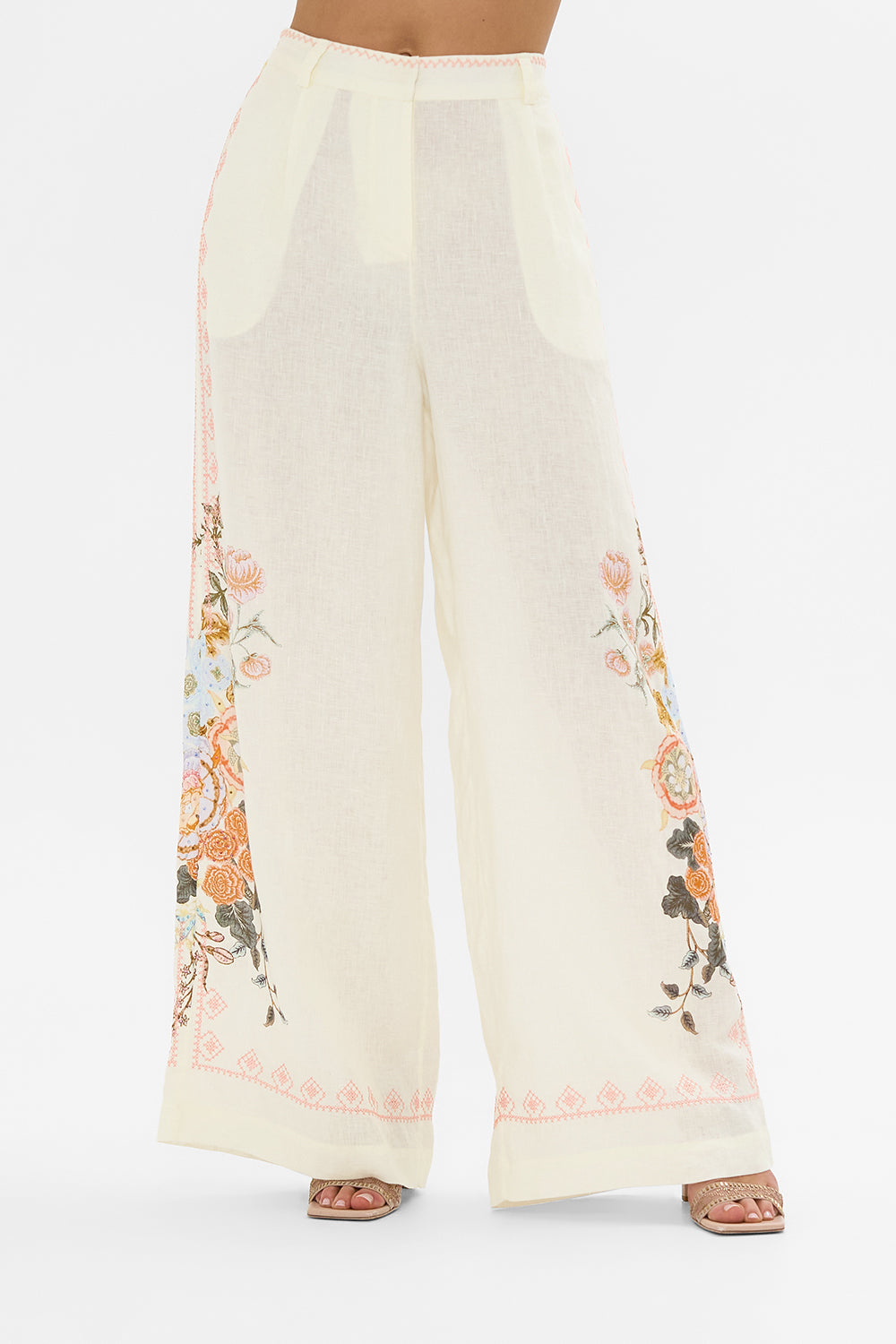 CAMILLA Embroidered Wide Leg Waisted Pant in Honour of Heirlooms print