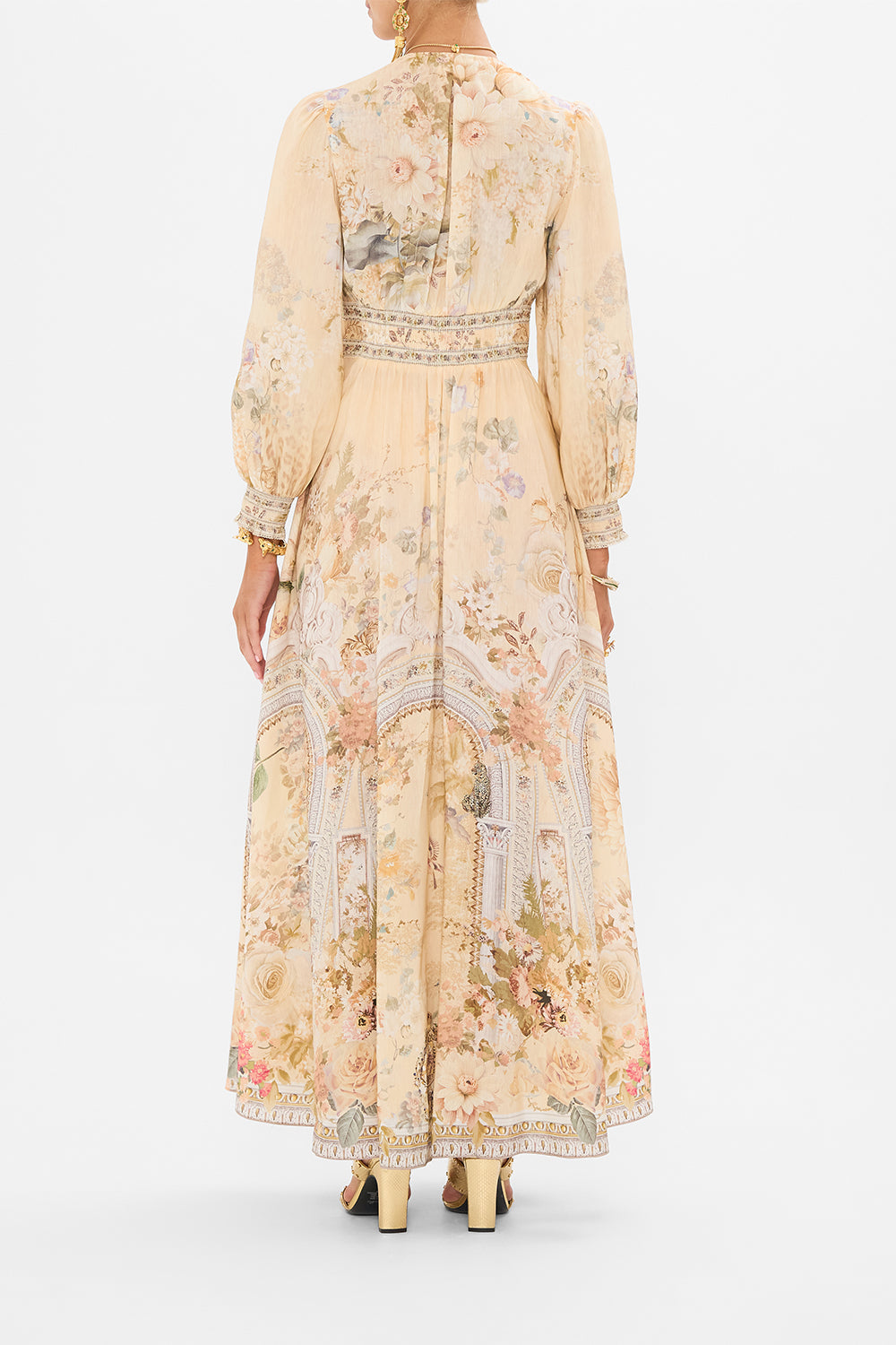 CAMILLA button dress with shaped waistband in Adorned in Antiquity print. 