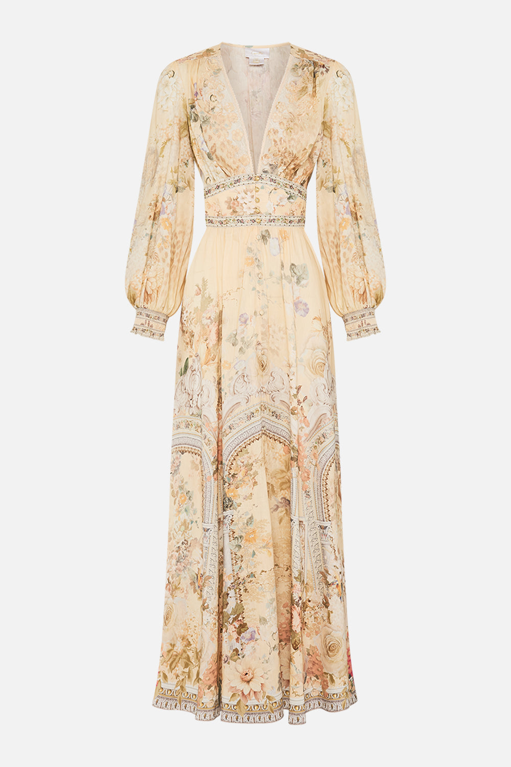 CAMILLA button dress with shaped waistband in Adorned in Antiquity print. 