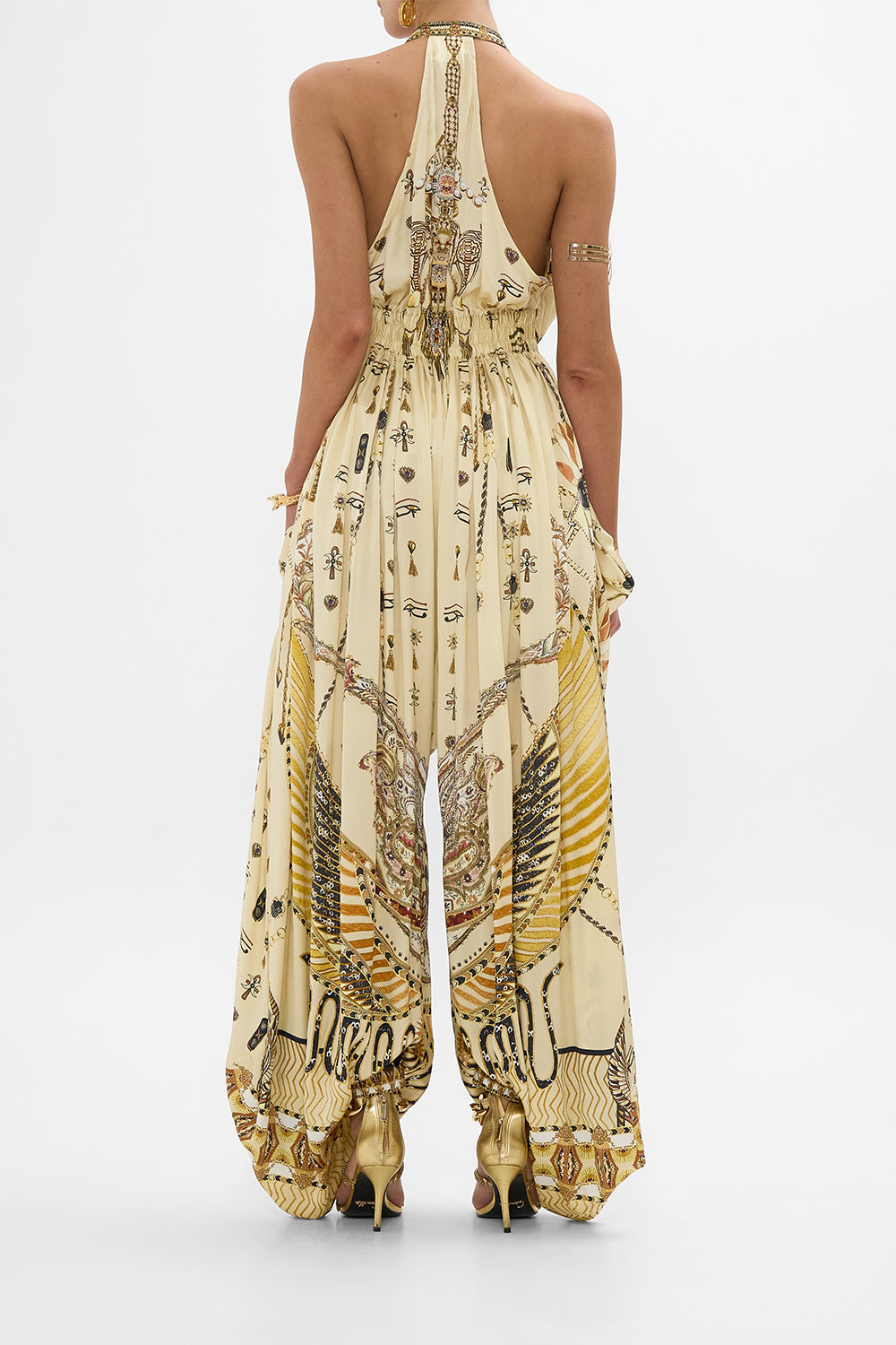 CAMILLA Gold Jumpsuit with Drop Crotch in Gateway to the Afterlife Print