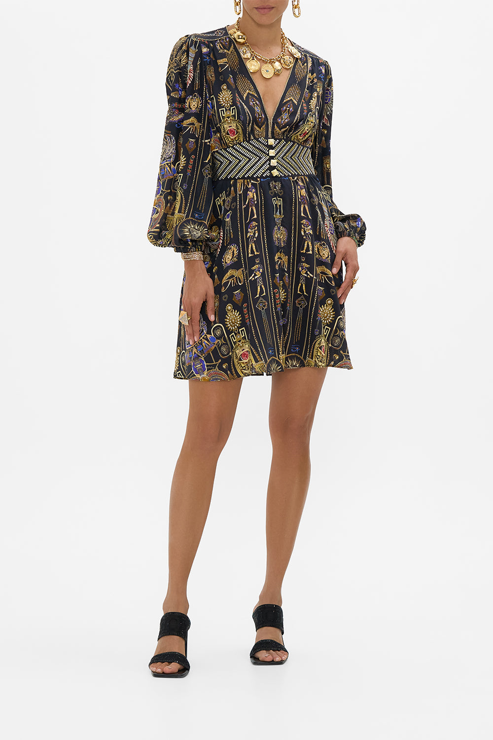 CAMILLA Curved Waisted Short Dress in Cartouche Kingdom print. 
