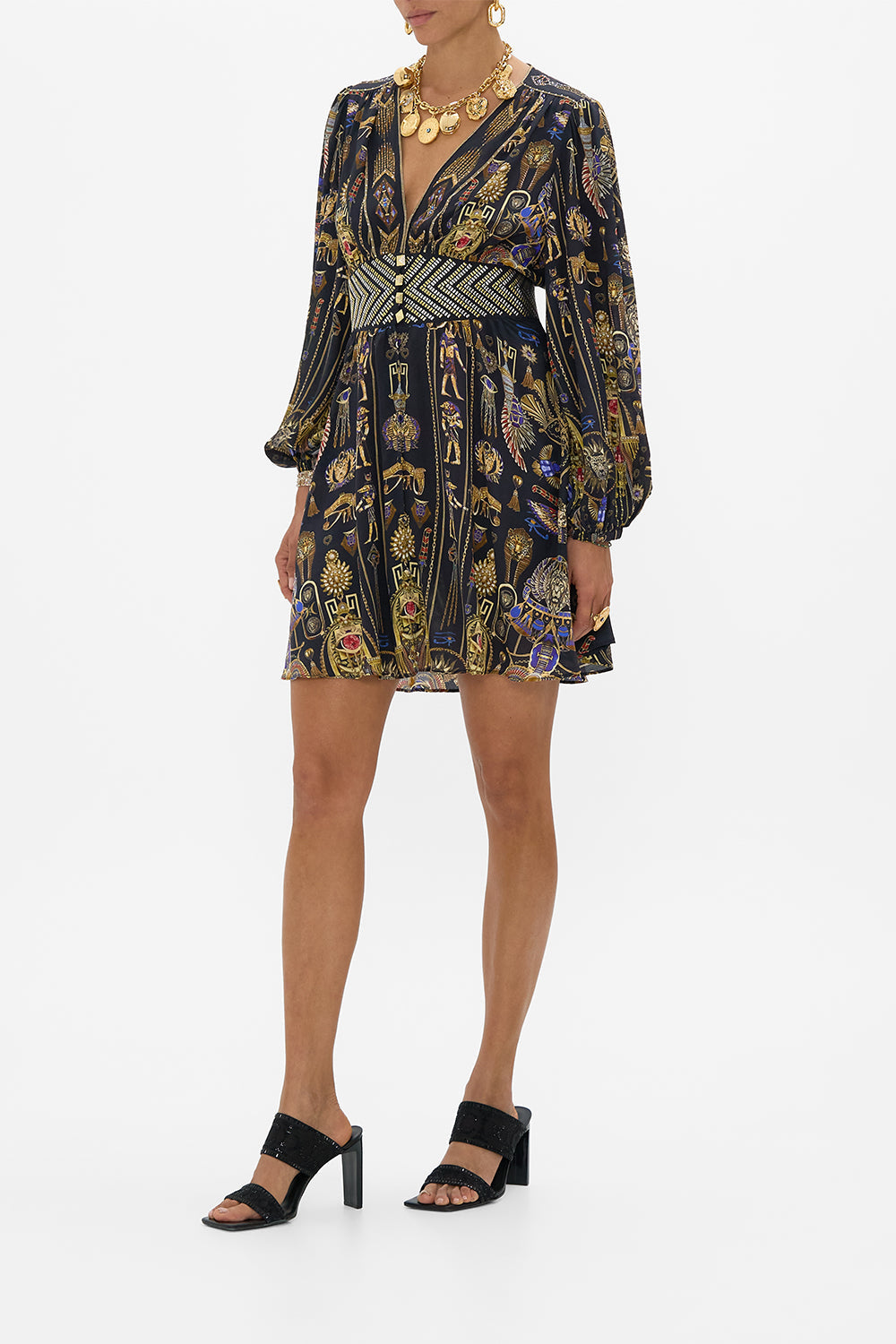 CAMILLA Curved Waisted Short Dress in Cartouche Kingdom print. 