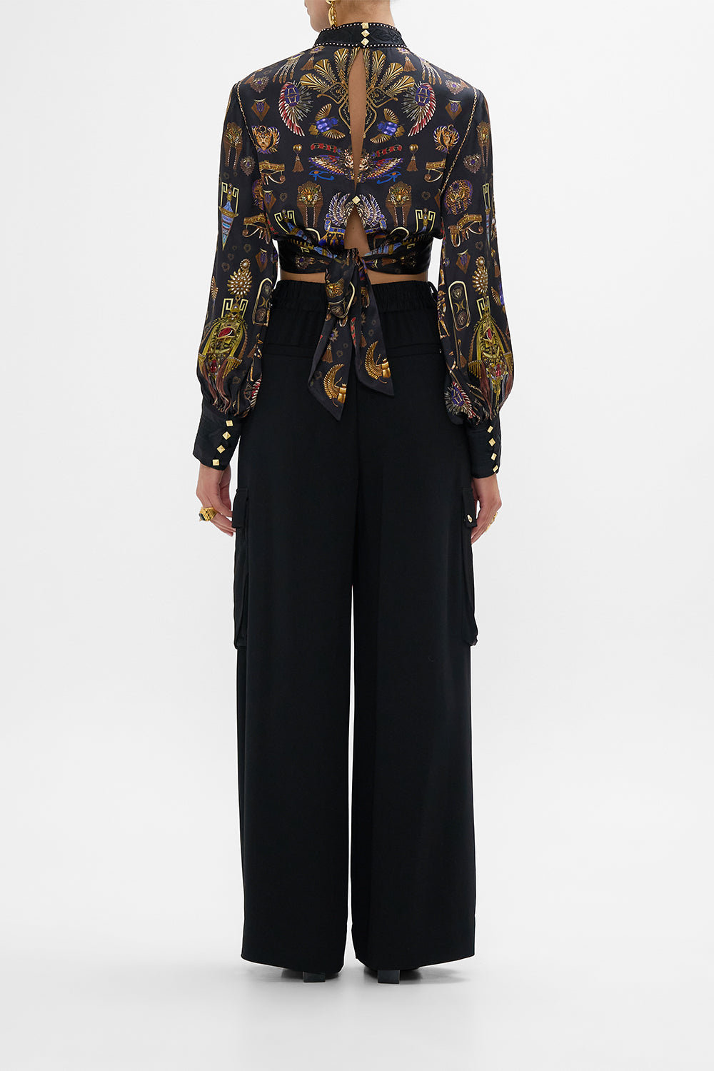 The CAMILLA LONG SLEEVE HIGH NECK TOP WITH FRONT KNOT CARTOUCHE KINGDOM in our  print.