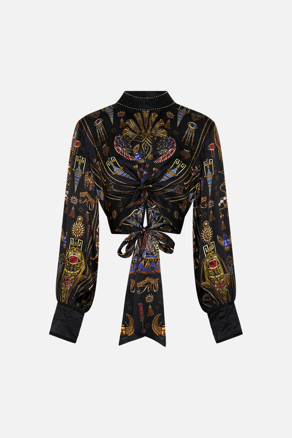 The CAMILLA LONG SLEEVE HIGH NECK TOP WITH FRONT KNOT CARTOUCHE KINGDOM in our  print.