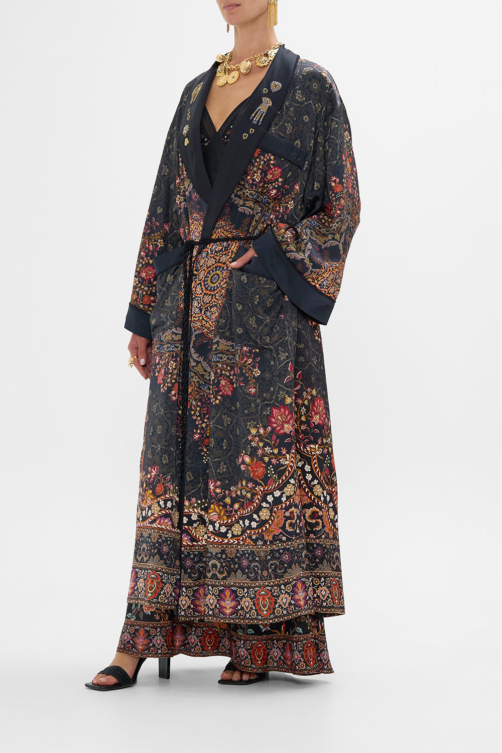 CAMILLA Long Robe with Flared Sleeve in Loom to Tomb print