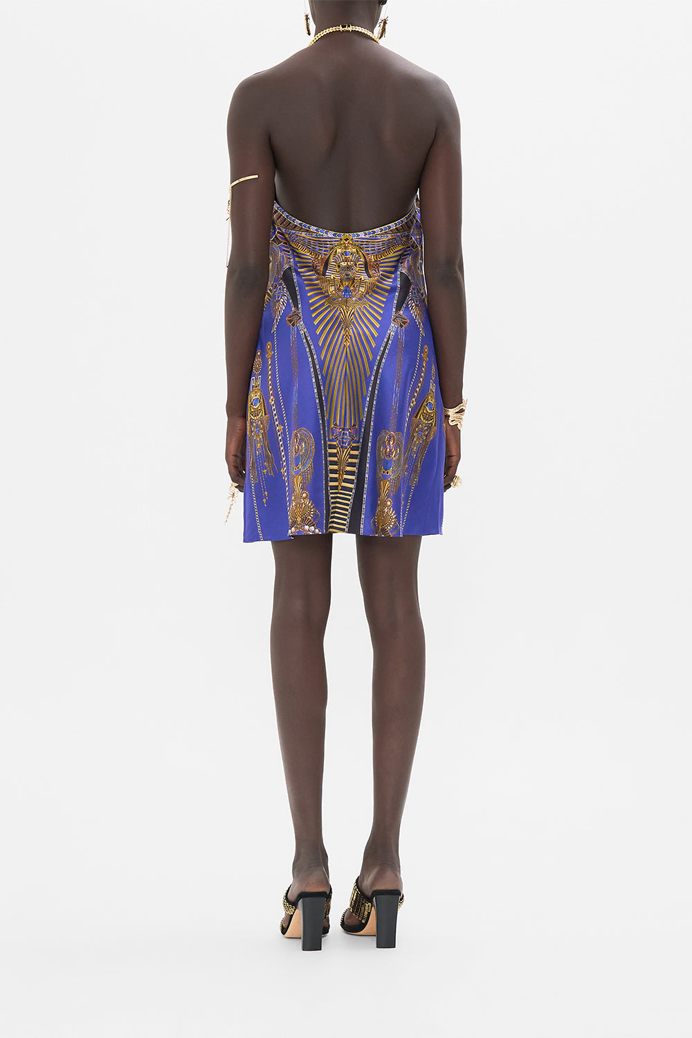 CAMILLA Draped Short Dress With Neckpiece in My Fair Pharaoh print. 