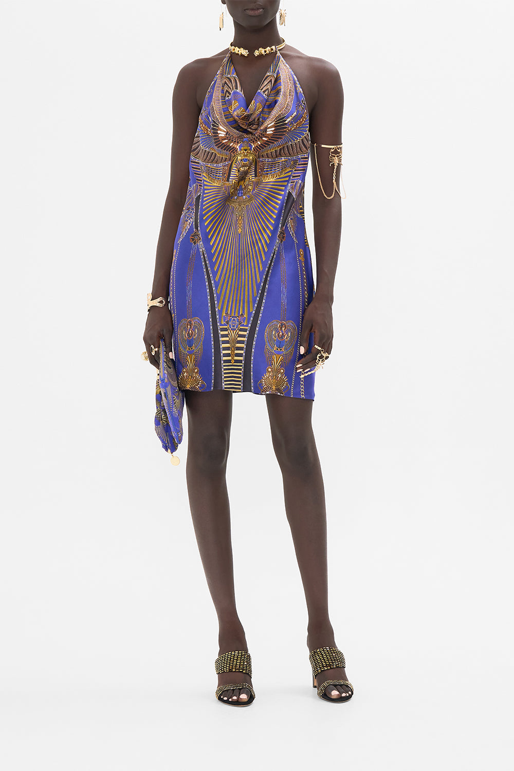 CAMILLA Draped Short Dress With Neckpiece in My Fair Pharaoh print. 