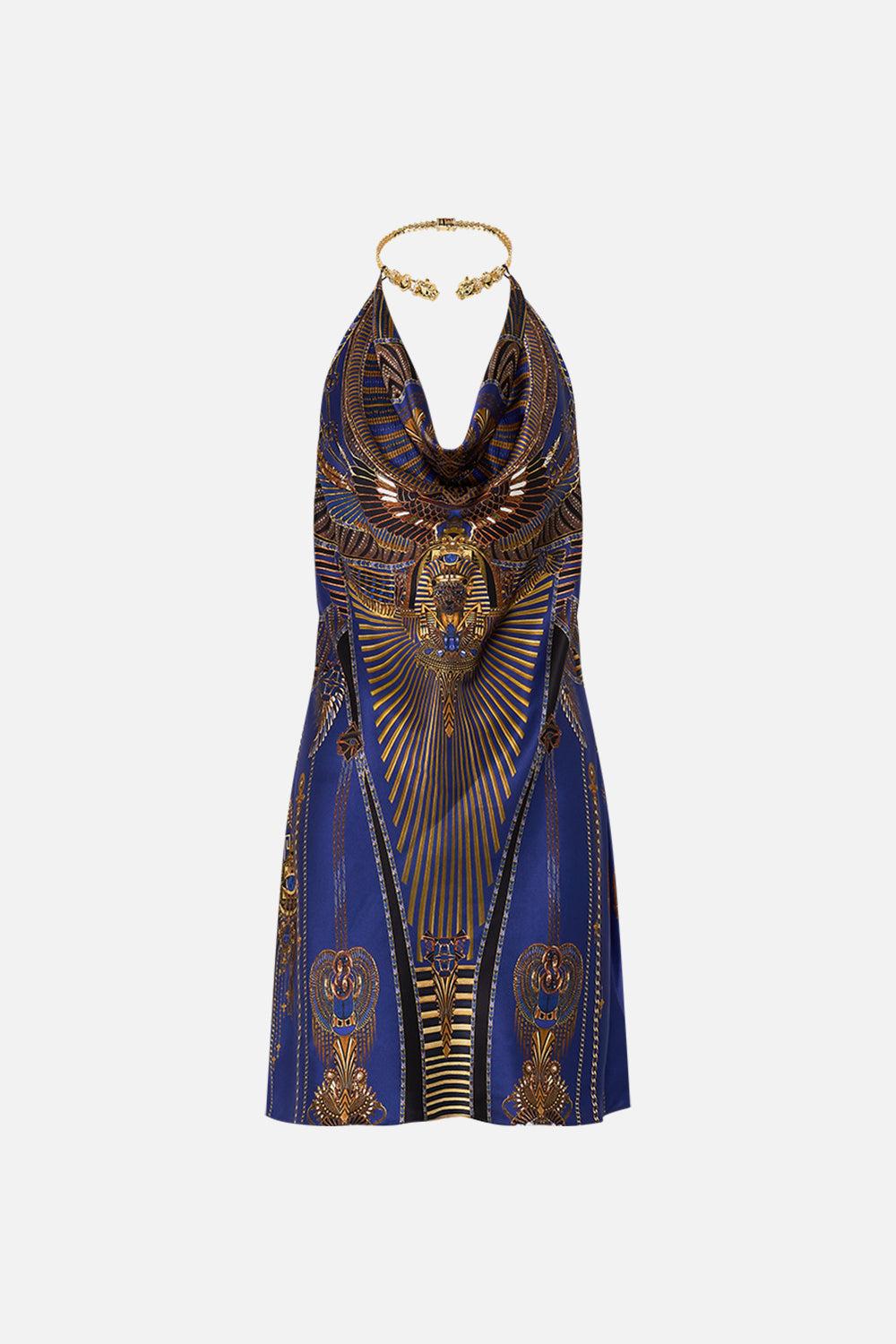 CAMILLA Draped Short Dress With Neckpiece in My Fair Pharaoh print. 