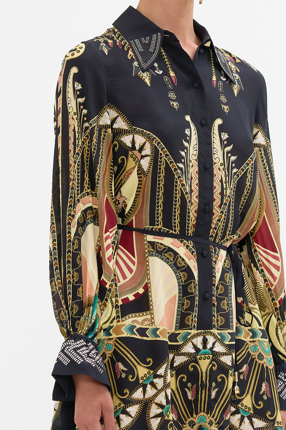 CAMILLA Black/Gold Shift Shirt Dress with Glomesh Cuff in They Called Her Nefertari print