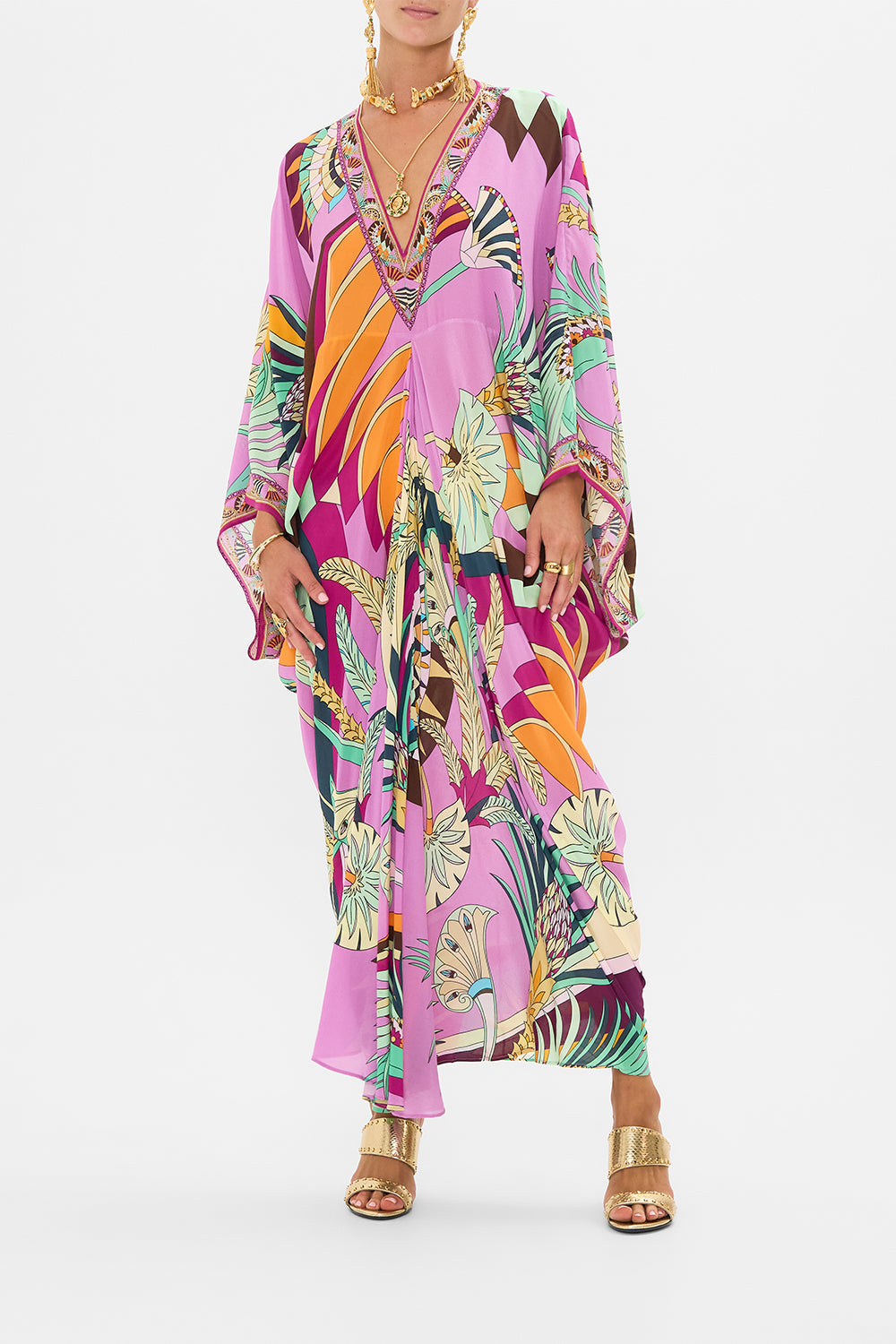CAMILLA T Shape Long Kaftan in Giza Goddess print. 