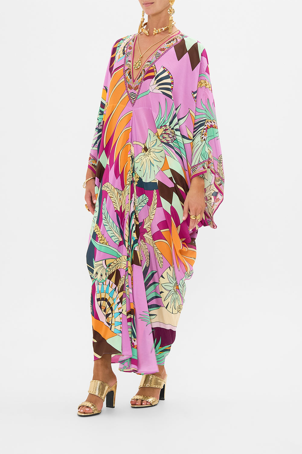 CAMILLA T Shape Long Kaftan in Giza Goddess print. 