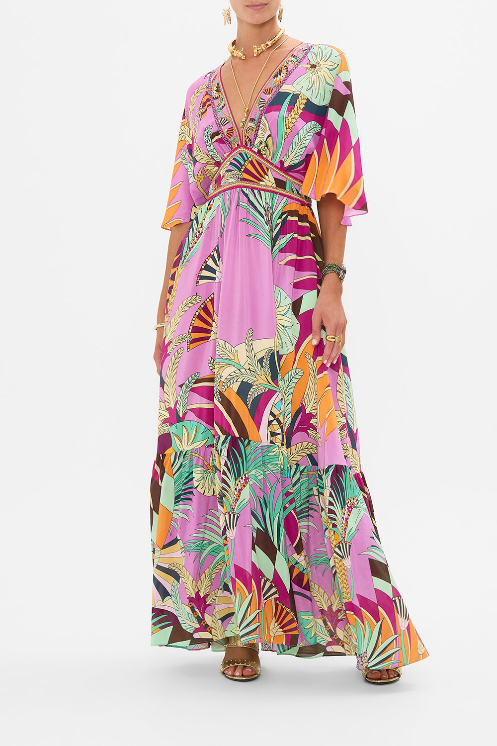 The CAMILLA WAISTED DRESS WITH HEM RUFFLE GIZA GODDESS in our GIZA GODDESS print.