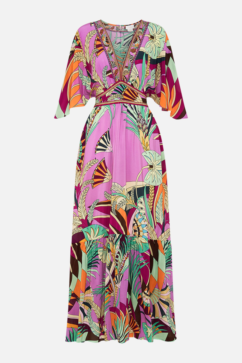 The CAMILLA WAISTED DRESS WITH HEM RUFFLE GIZA GODDESS in our  print.