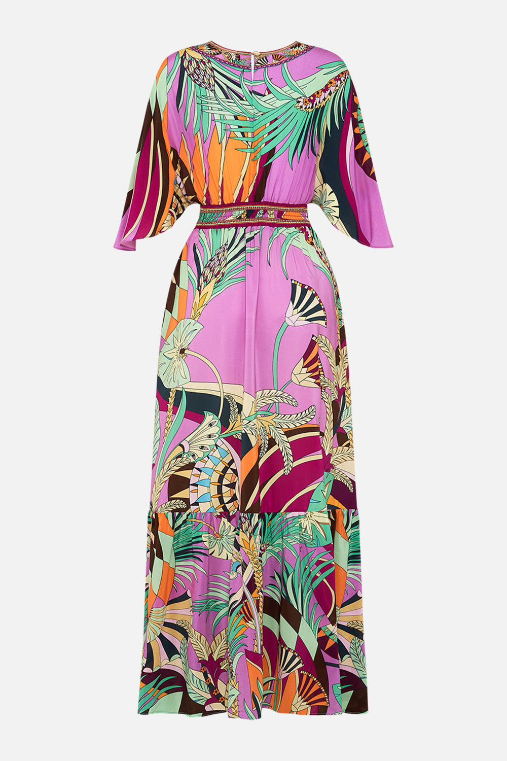 The CAMILLA WAISTED DRESS WITH HEM RUFFLE GIZA GODDESS in our  print.