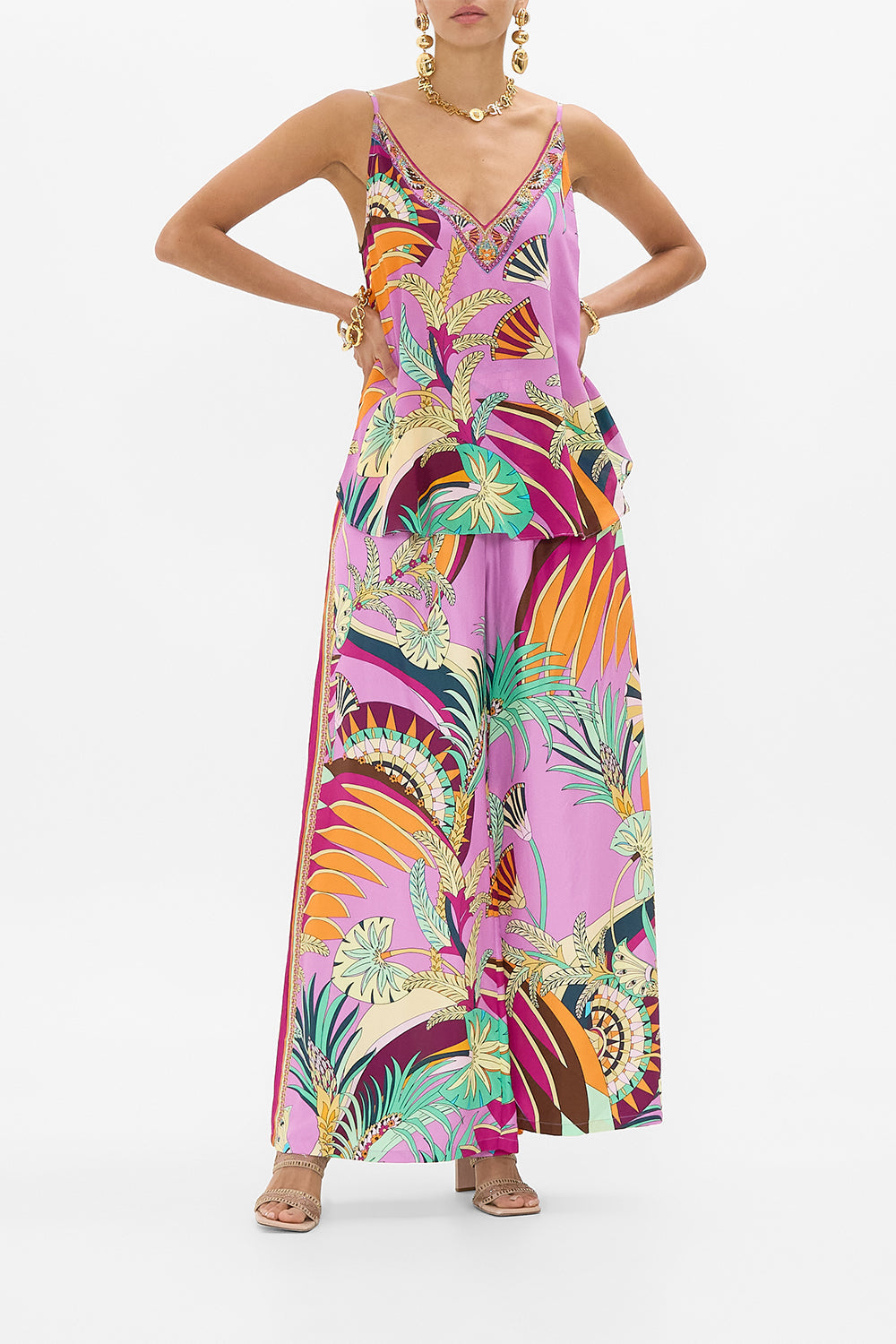 The CAMILLA TUCK FRONT PANT GIZA GODDESS in our GIZA GODDESS print.