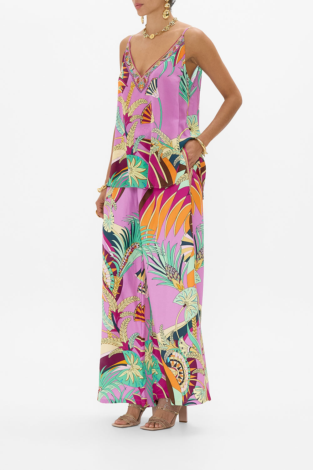 The CAMILLA TUCK FRONT PANT GIZA GODDESS in our  print.