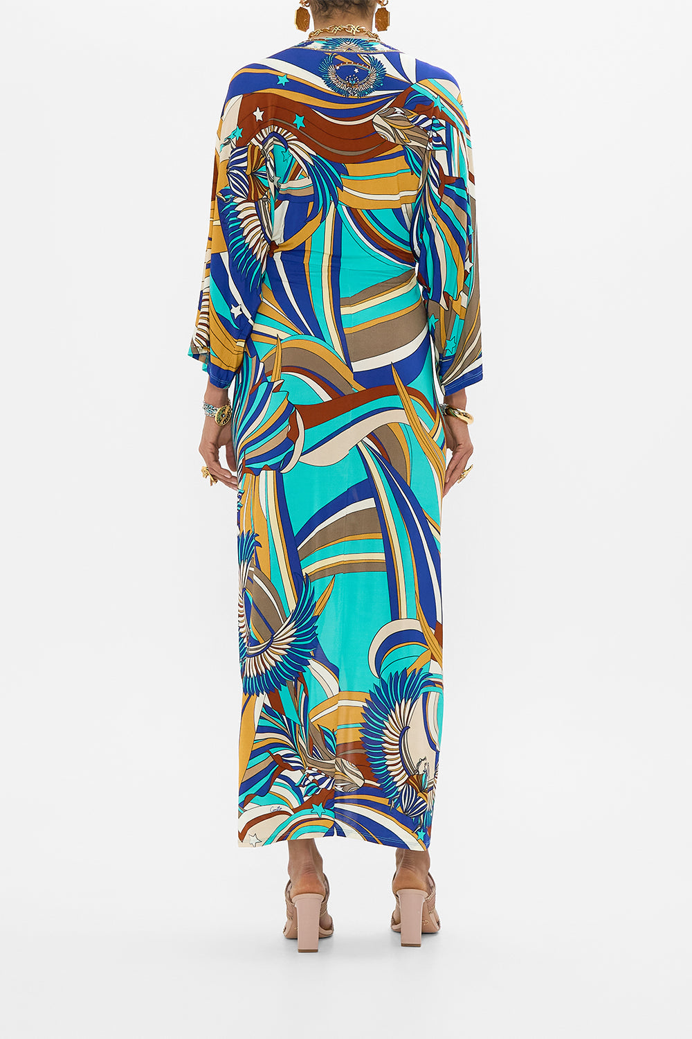 CAMILLA Draped Jersey Dress With Hardware in Oasis Oracles print. 
