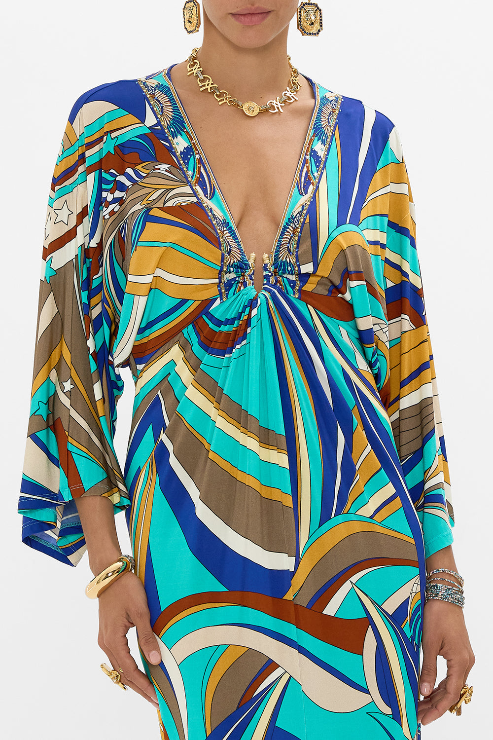 CAMILLA Draped Jersey Dress With Hardware in Oasis Oracles print. 