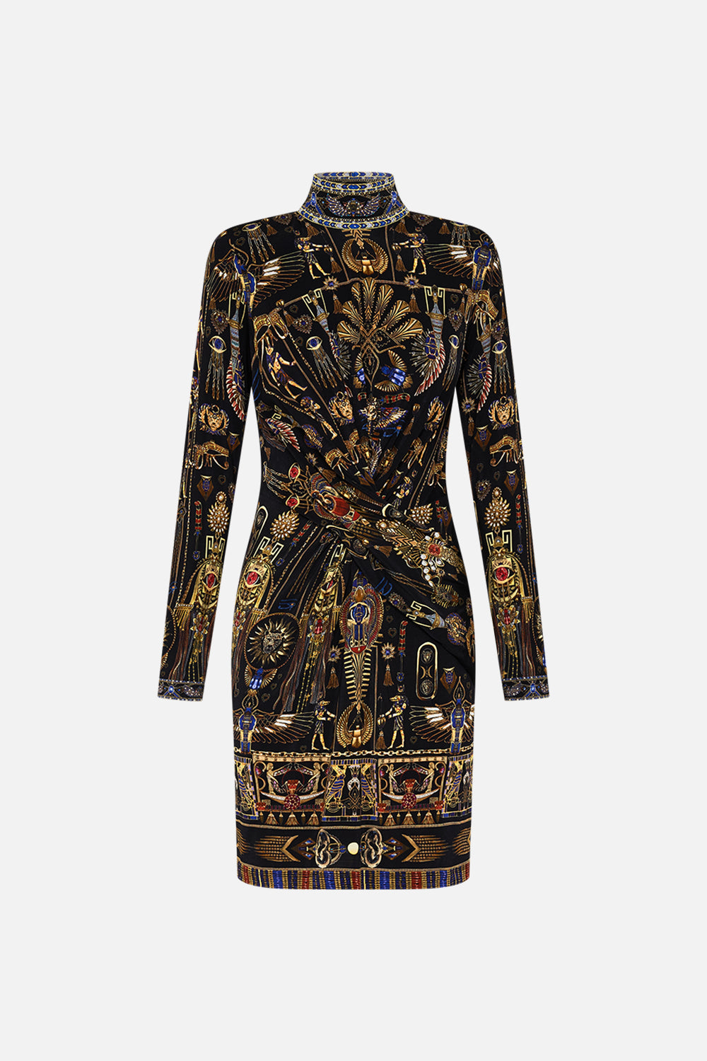CAMILLA Cross Front Mini Dress in Cartouche Kingdom print. 
