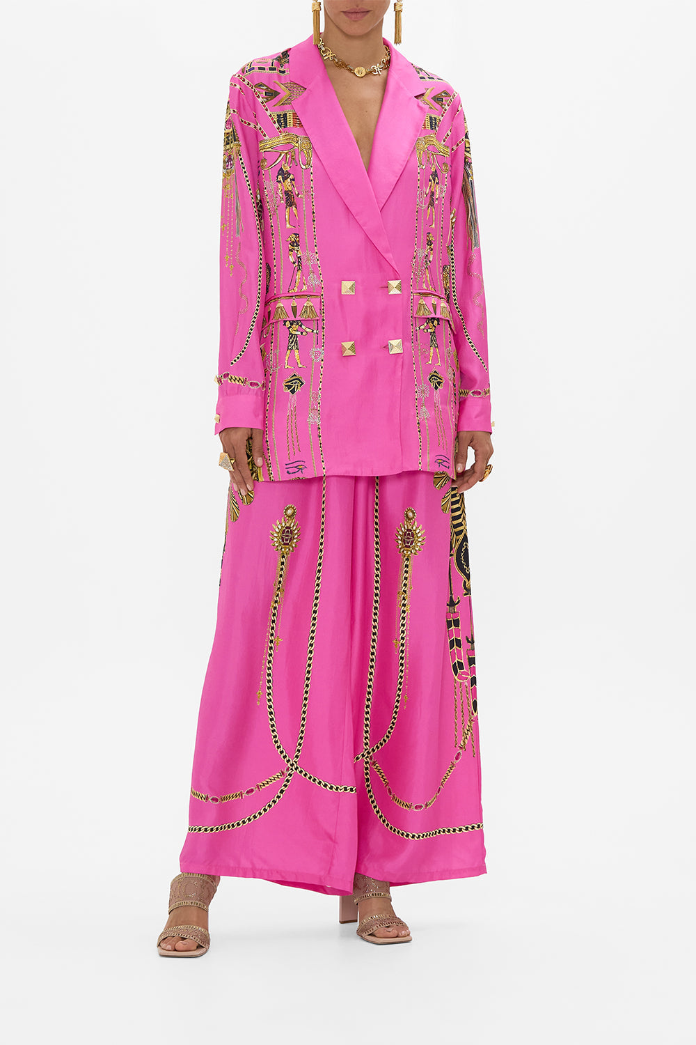 CAMILLA Double Breasted Soft Jacket in Songs of The Scarab print. 